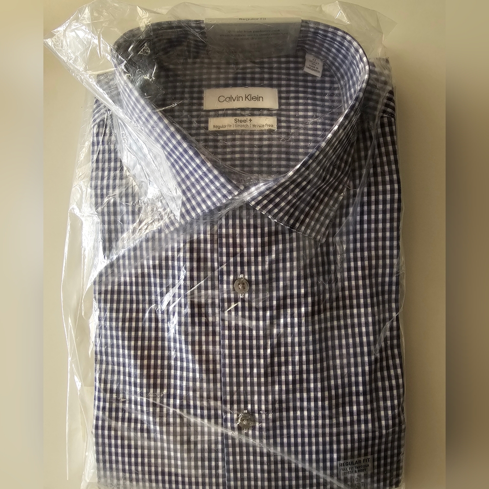 $80 Calvin Klein Men Regular-Fit Plaid Print Stretch Dress Shirt